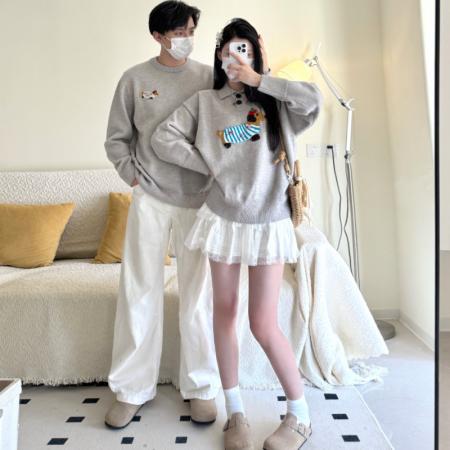 FA55603# 新款灰色Polo翻领腊肠狗套头毛衣情侣装  服裝批發女裝批發服飾貨源
