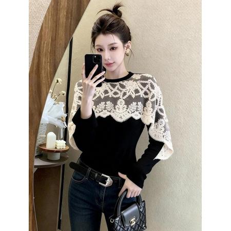 FA55605# 独特漂亮斗篷假两件小衫黑色长袖T恤打底衫女装秋冬洋气蕾丝上衣  服裝批發女裝批發服飾貨源