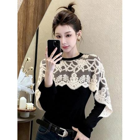 FA55605# 独特漂亮斗篷假两件小衫黑色长袖T恤打底衫女装秋冬洋气蕾丝上衣  服裝批發女裝批發服飾貨源