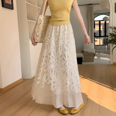 FA55606# 法式气质重工刺绣花朵蕾丝半身裙女春高腰显瘦A字宽松大摆裙  服裝批發女裝批發服飾貨源