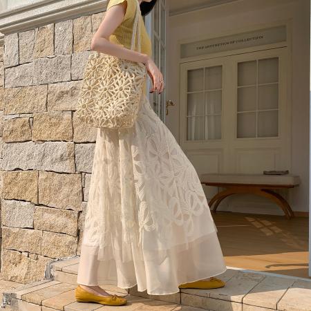 FA55606# 法式气质重工刺绣花朵蕾丝半身裙女春高腰显瘦A字宽松大摆裙  服裝批發女裝批發服飾貨源