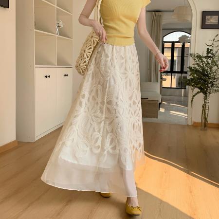 FA55606# 法式气质重工刺绣花朵蕾丝半身裙女春高腰显瘦A字宽松大摆裙  服裝批發女裝批發服飾貨源