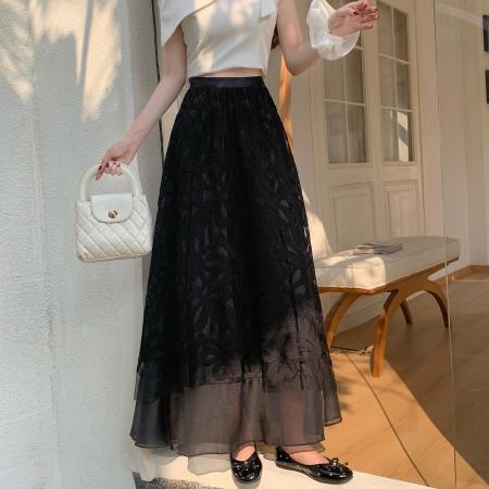 FA55606# 法式气质重工刺绣花朵蕾丝半身裙女春高腰显瘦A字宽松大摆裙  服裝批發女裝批發服飾貨源