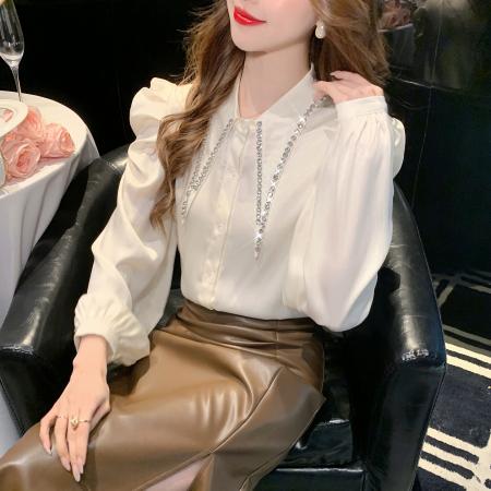 FA55607# 春季新款重工钉珠镶钻衬衫设计感小众法式气质长袖衬衣女  服裝批發女裝批發服飾貨源
