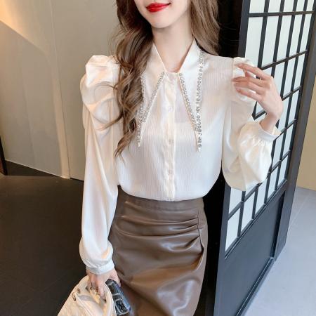 FA55607# 春季新款重工钉珠镶钻衬衫设计感小众法式气质长袖衬衣女  服裝批發女裝批發服飾貨源