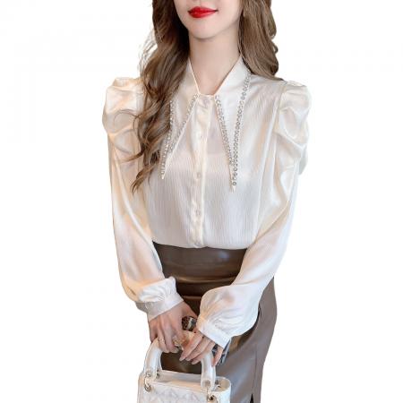 FA55607# 春季新款重工钉珠镶钻衬衫设计感小众法式气质长袖衬衣女  服裝批發女裝批發服飾貨源