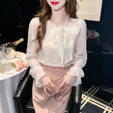 FA55608# 春季法式气质温柔风系带蝴蝶结衬衫女高级感减龄上衣超仙  服裝批發女裝批發服飾貨源