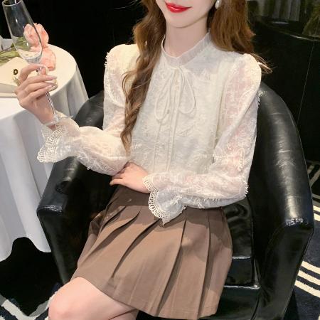 FA55609# 春季法式浪漫风刺绣立领绑带长袖衬衫女蕾丝显瘦气质上衣  服裝批發女裝批發服飾貨源