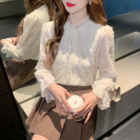 FA55609# 春季法式浪漫风刺绣立领绑带长袖衬衫女蕾丝显瘦气质上衣  服裝批發女裝批發服飾貨源