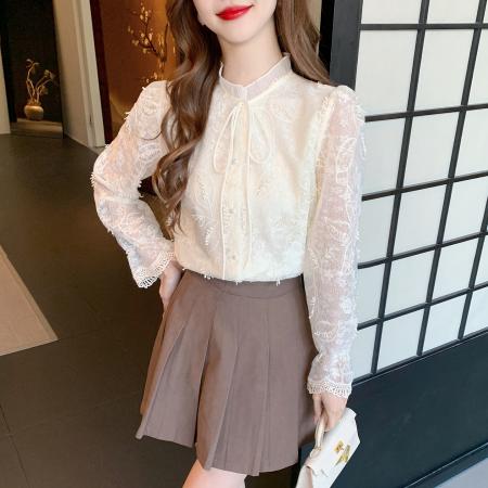 FA55609# 春季法式浪漫风刺绣立领绑带长袖衬衫女蕾丝显瘦气质上衣  服裝批發女裝批發服飾貨源