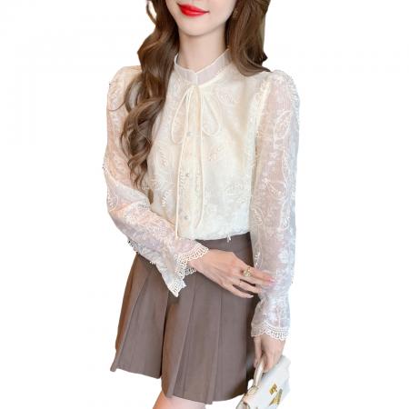 FA55609# 春季法式浪漫风刺绣立领绑带长袖衬衫女蕾丝显瘦气质上衣  服裝批發女裝批發服飾貨源