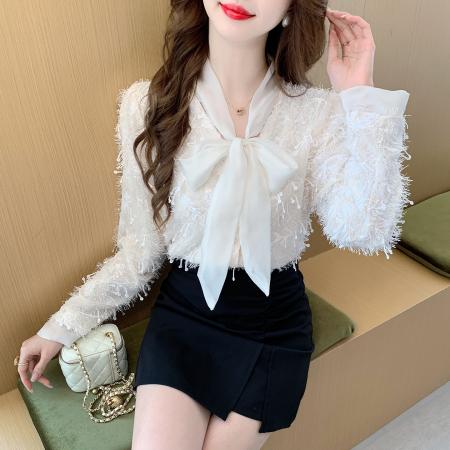 FA55610# 春季雪纺拼接蝴蝶结绑带V领衬衫重工绣花亮片流苏衬衣潮  服裝批發女裝批發服飾貨源