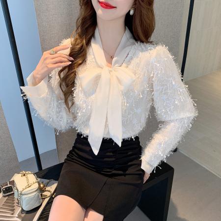 FA55610# 春季雪纺拼接蝴蝶结绑带V领衬衫重工绣花亮片流苏衬衣潮  服裝批發女裝批發服飾貨源