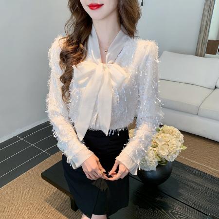 FA55610# 春季雪纺拼接蝴蝶结绑带V领衬衫重工绣花亮片流苏衬衣潮  服裝批發女裝批發服飾貨源