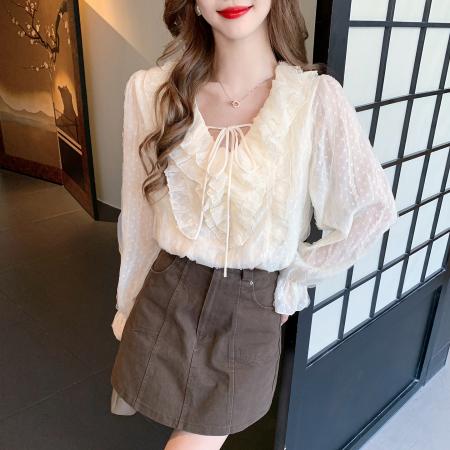 FA55611# 春季时尚设计感法式甜美V领荷叶边系带百搭长袖蕾丝衫女  服裝批發女裝批發服飾貨源