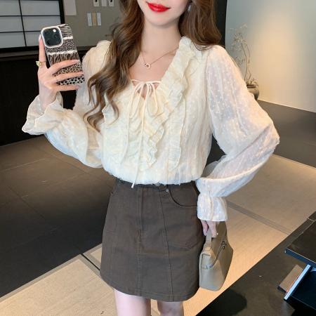FA55611# 春季时尚设计感法式甜美V领荷叶边系带百搭长袖蕾丝衫女  服裝批發女裝批發服飾貨源