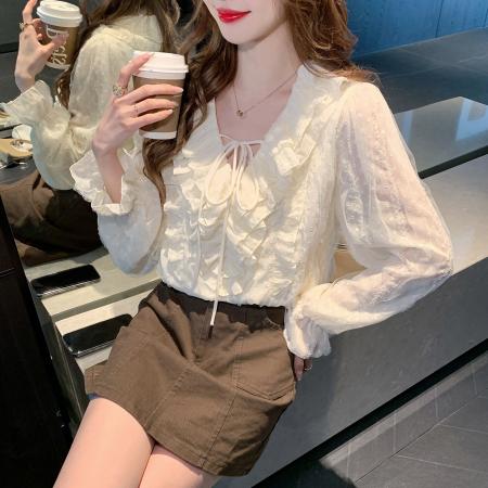 FA55611# 春季时尚设计感法式甜美V领荷叶边系带百搭长袖蕾丝衫女  服裝批發女裝批發服飾貨源