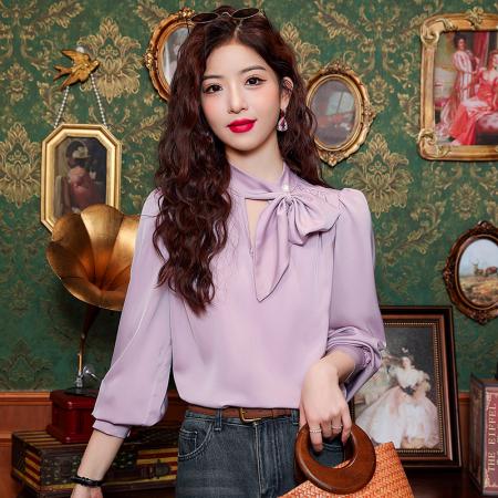 FA55612# 春季新款法式独特别致缎面衬衫女长袖上衣  服裝批發女裝批發服飾貨源