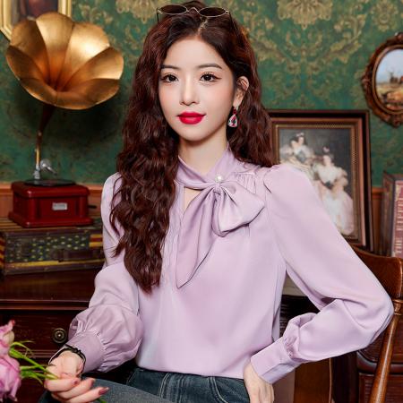 FA55612# 春季新款法式独特别致缎面衬衫女长袖上衣  服裝批發女裝批發服飾貨源