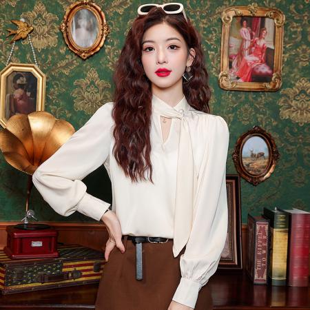 FA55612# 春季新款法式独特别致缎面衬衫女长袖上衣  服裝批發女裝批發服飾貨源