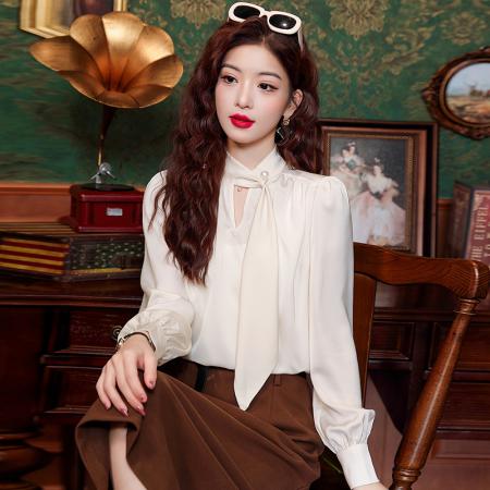 FA55612# 春季新款法式独特别致缎面衬衫女长袖上衣  服裝批發女裝批發服飾貨源