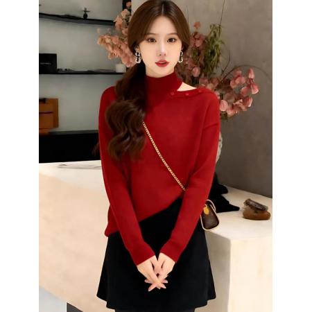 FA55614# 巨好看镂空挂脖长袖针织毛衣女新款早春宽松休闲红色露肩上衣  服裝批發女裝批發服飾貨源