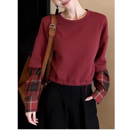 FA55615# 小众设计感复古慵懒松弛感红色假两件上衣女早春格子拼色小衫  服裝批發女裝批發服飾貨源