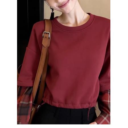 FA55615# 小众设计感复古慵懒松弛感红色假两件上衣女早春格子拼色小衫  服裝批發女裝批發服飾貨源