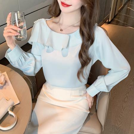 FA55616# 春季法式别致荷叶边v领长袖衬衫气质百搭显瘦雪纺衫上衣  服裝批發女裝批發服飾貨源