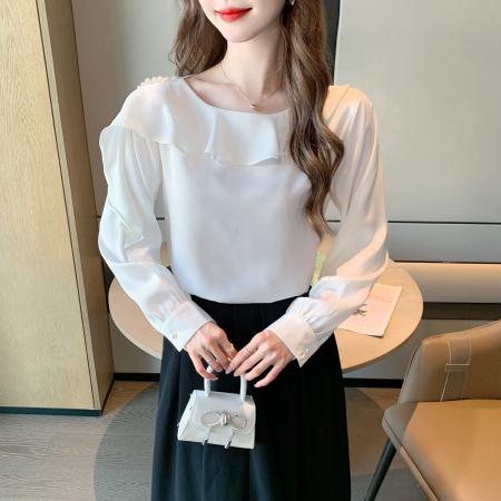 FA55616# 春季法式别致荷叶边v领长袖衬衫气质百搭显瘦雪纺衫上衣  服裝批發女裝批發服飾貨源