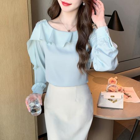 FA55616# 春季法式别致荷叶边v领长袖衬衫气质百搭显瘦雪纺衫上衣  服裝批發女裝批發服飾貨源