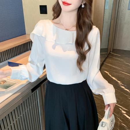 FA55616# 春季法式别致荷叶边v领长袖衬衫气质百搭显瘦雪纺衫上衣  服裝批發女裝批發服飾貨源