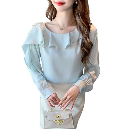 FA55616# 春季法式别致荷叶边v领长袖衬衫气质百搭显瘦雪纺衫上衣  服裝批發女裝批發服飾貨源