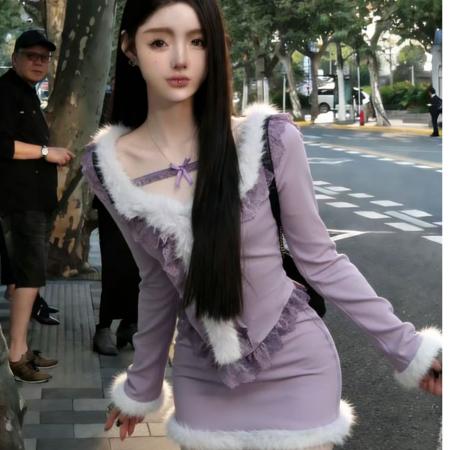 FA55617# 韩系温柔纯欲辣妹名媛千金风显瘦蕾丝毛毛上衣短裙秋冬女潮两件套  服裝批發女裝批發服飾貨源