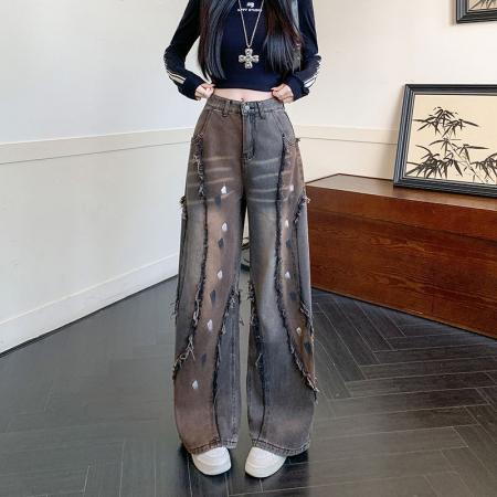 FA55619# 春季新款废土风美式街头做旧阔腿裤子重工磨边牛仔裤女  服裝批發女裝批發服飾貨源