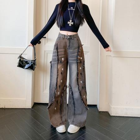 FA55619# 春季新款废土风美式街头做旧阔腿裤子重工磨边牛仔裤女  服裝批發女裝批發服飾貨源