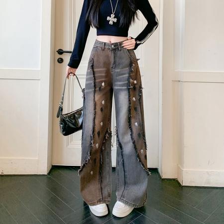 FA55619# 春季新款废土风美式街头做旧阔腿裤子重工磨边牛仔裤女  服裝批發女裝批發服飾貨源