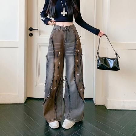 FA55619# 春季新款废土风美式街头做旧阔腿裤子重工磨边牛仔裤女  服裝批發女裝批發服飾貨源