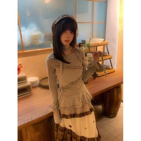 FA55620# 木耳边长袖t恤秋冬修身圆领立体装饰上衣  服裝批發女裝批發服飾貨源