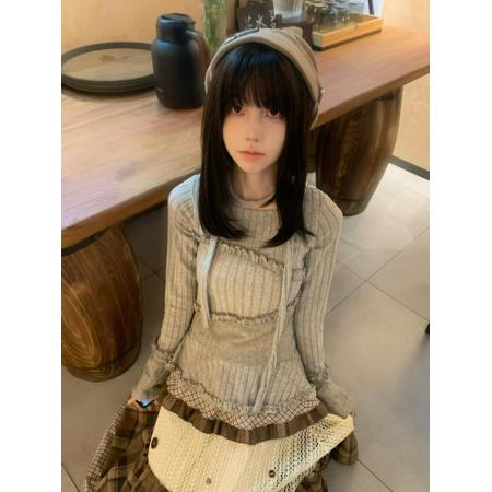 FA55620# 木耳边长袖t恤秋冬修身圆领立体装饰上衣  服裝批發女裝批發服飾貨源