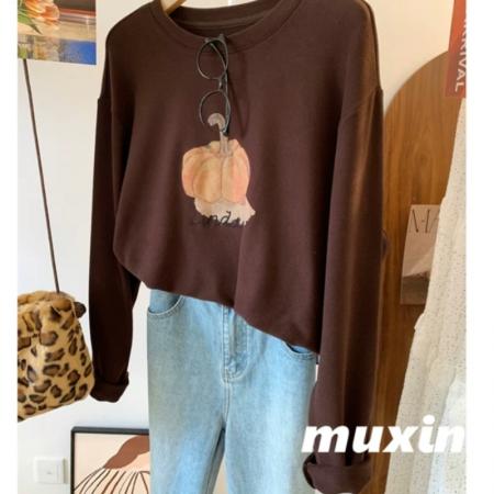 FA55621# 南瓜印花加厚磨毛秋冬女式宽松大版韩版时尚休闲内搭上衣外穿T恤  服裝批發女裝批發服飾貨源