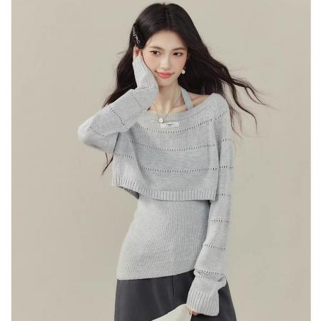 FA55623# 欧阳喜小嗲精早秋穿搭两件套挂脖背心针织衫镂空毛衣别致上衣  服裝批發女裝批發服飾貨源