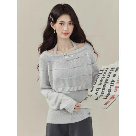 FA55623# 欧阳喜小嗲精早秋穿搭两件套挂脖背心针织衫镂空毛衣别致上衣  服裝批發女裝批發服飾貨源