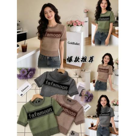 FA55624# 韩系春款上新圆领字母小香风针织衫短袖毛衣女洋气别致显瘦上衣潮  服裝批發女裝批發服飾貨源