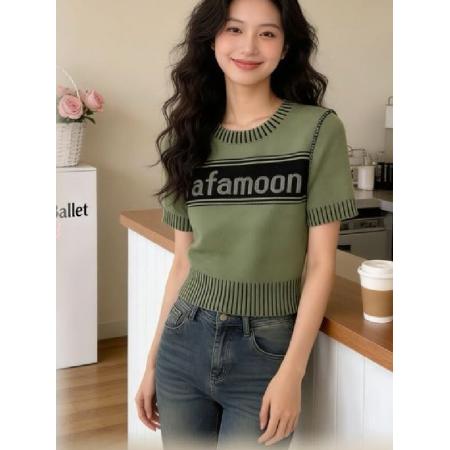 FA55624# 韩系春款上新圆领字母小香风针织衫短袖毛衣女洋气别致显瘦上衣潮  服裝批發女裝批發服飾貨源