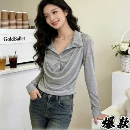 FA55625# 老钱风假两件荡领纯色衬衫早春纯欲性感v领上衣高级感打底衫内搭  服裝批發女裝批發服飾貨源