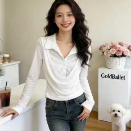 FA55625# 老钱风假两件荡领纯色衬衫早春纯欲性感v领上衣高级感打底衫内搭  服裝批發女裝批發服飾貨源