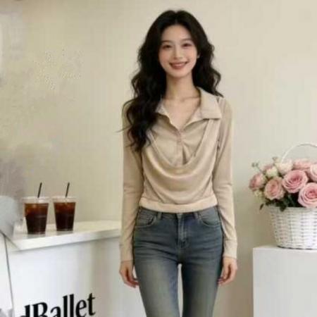 FA55625# 老钱风假两件荡领纯色衬衫早春纯欲性感v领上衣高级感打底衫内搭  服裝批發女裝批發服飾貨源