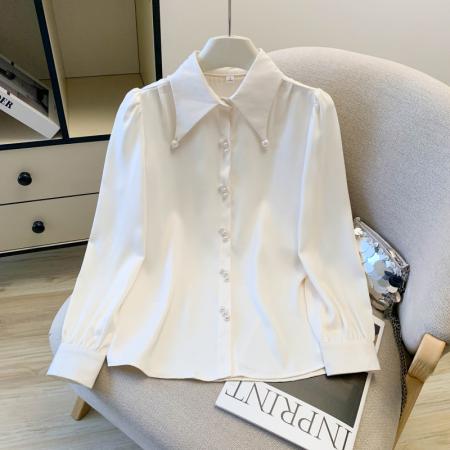 FA55626# 春季新款珍珠扣设计小众洋气休闲百搭缎面长袖雪纺衬衫女  服裝批發女裝批發服飾貨源