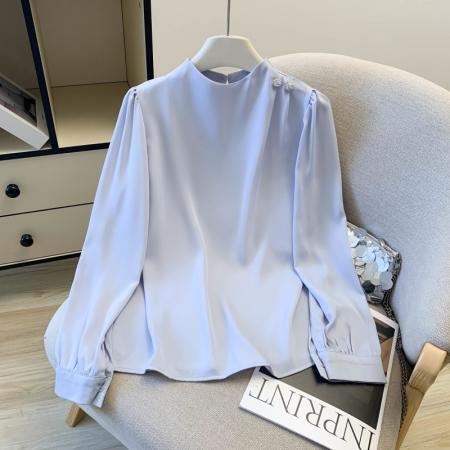 FA55627# 名媛气质甜美套头高级缎面长袖雪纺衬衫女上衣  服裝批發女裝批發服飾貨源